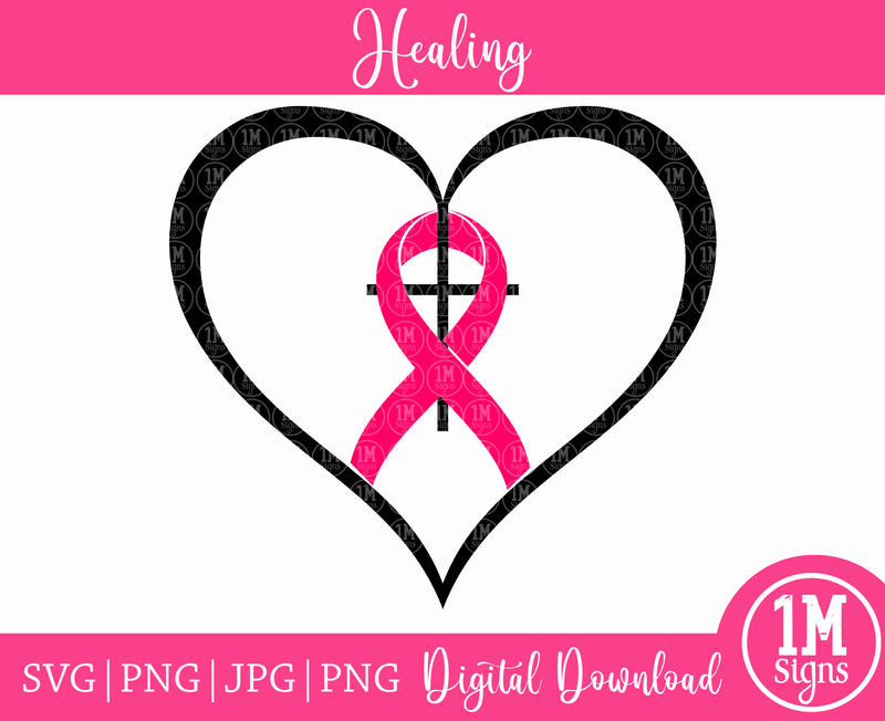 Cancer Ribbon Cross and Heart SVG PNG JPG PDF Digital Images, Cut Files, Printing and Sublimation Design