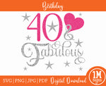40 & Fabulous Digital Image, Happy 40th SVG PNG JPG PDF Cut File, Printing and Sublimation Design
