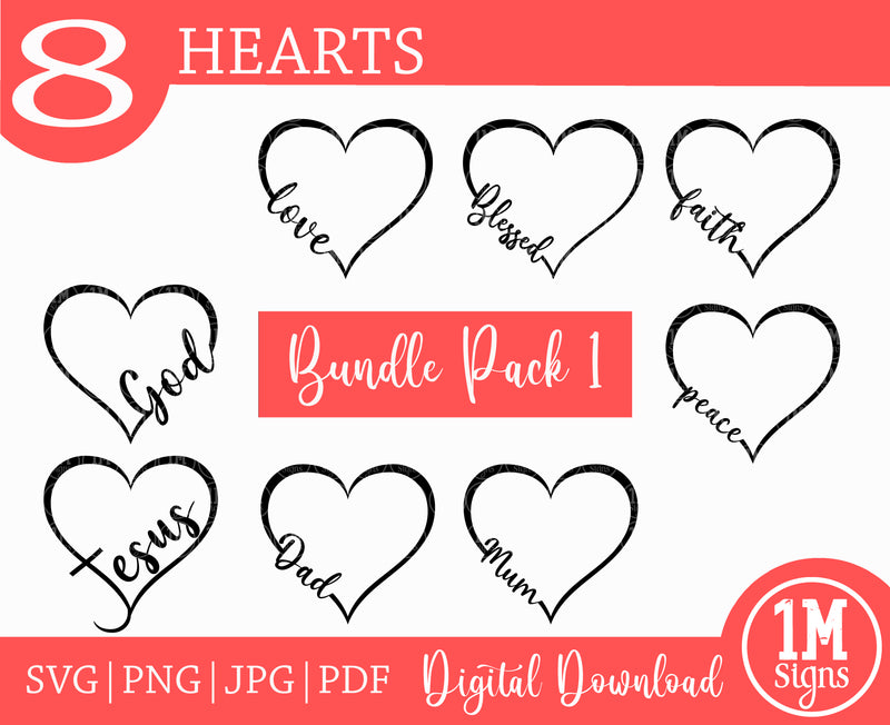 Heart Bundle Pack 1 SVG PNG JPG PDF Digital Image, Cutting File, Printing and Sublimation Design