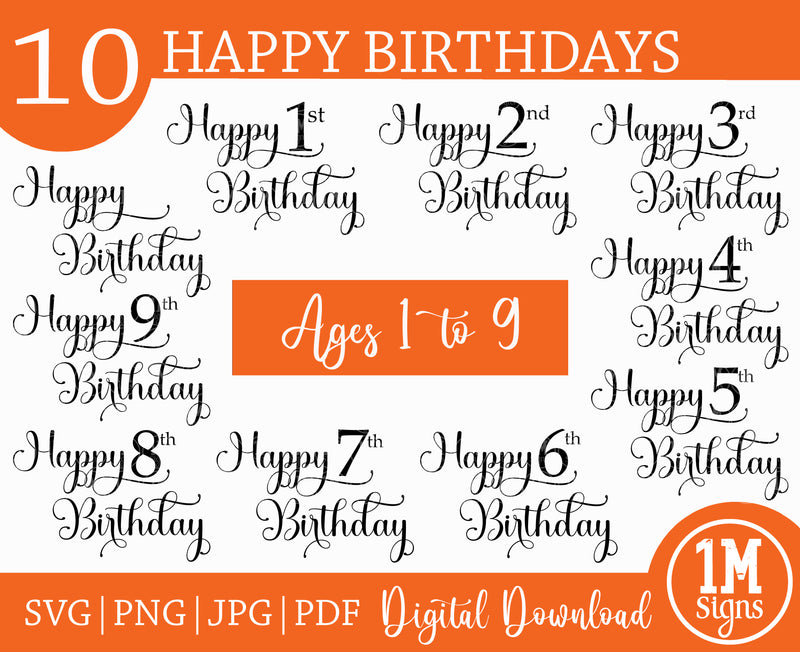 Happy Birthday SVG PNG JPG PDF Ages 1 to 9 Digital Image, Cut File, Printing and Sublimation Design