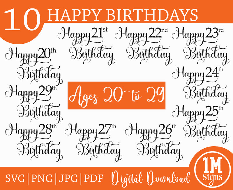 Happy Birthday SVG PNG JPG PDF Ages 20 to 29 Digital Image, Cut File, Printing and Sublimation Design