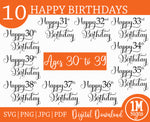Happy Birthday SVG PNG JPG PDF Ages 30 to 39 Digital Image, Cut File, Printing and Sublimation Design