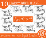 Happy Birthday SVG PNG JPG PDF Ages 40 to 49 Digital Image, Cut File, Printing and Sublimation Design