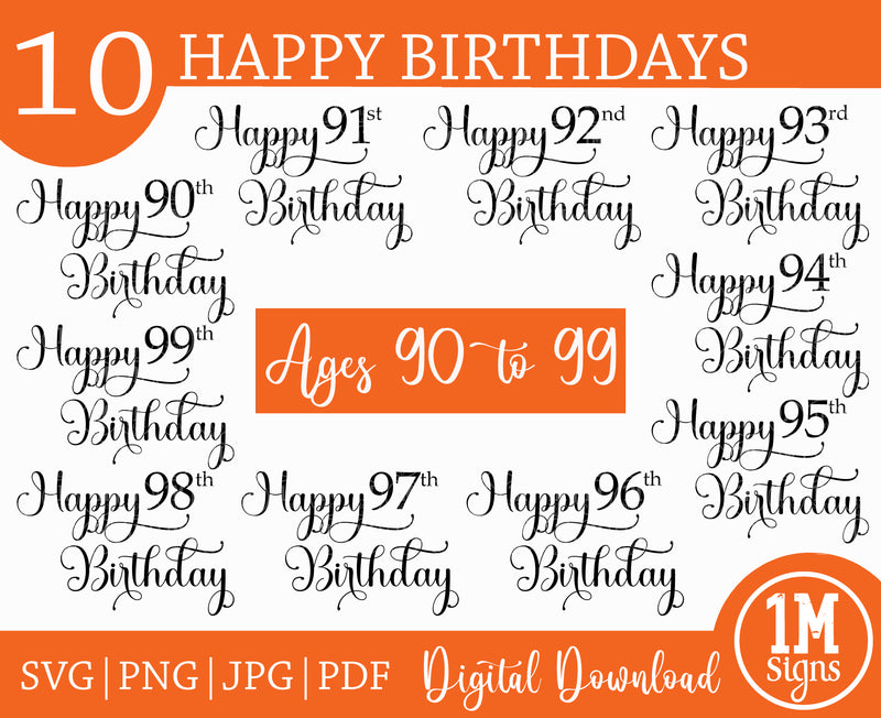 Happy Birthday SVG PNG JPG PDF Ages 90 to 99 Digital Image, Cut File, Printing and Sublimation Design