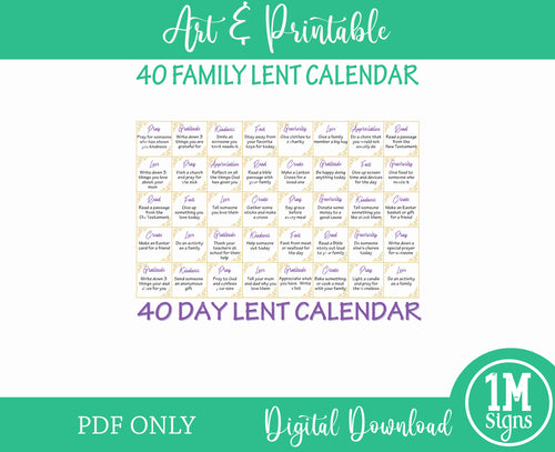 40 Day Lenten Calendar PDF Instant Download, Printable, Family Activity, Lent Activites