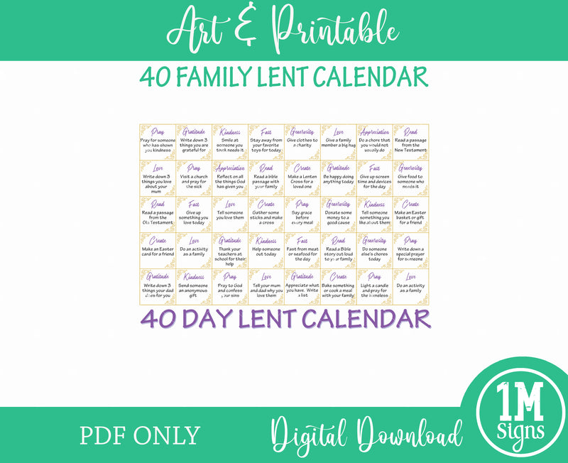 40 Day Lenten Calendar PDF Instant Download, Printable, Family Activity, Lent Activites