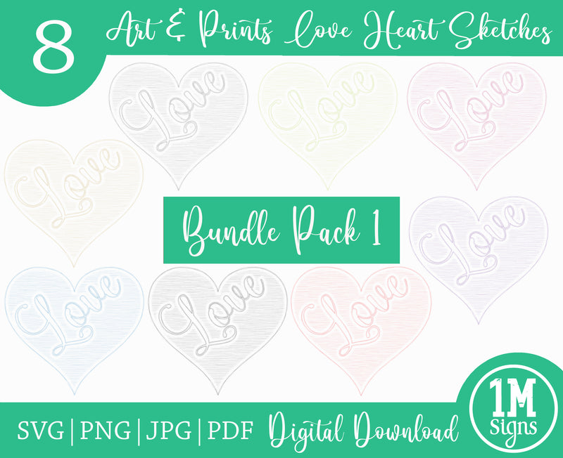 Love Heart Sketches SVG PNG JPG PDF Bundle Pack Digital Download, Art, Printing and Sublimation